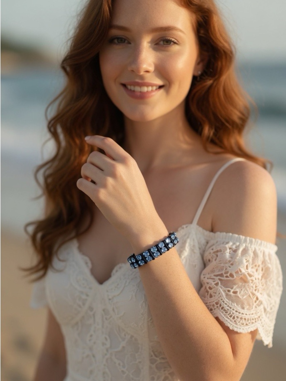 Fossil Sky Blue Crystals with Leather Wrapped Bracelet Button Closure - Picture 5 of 16